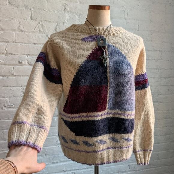 Vintage Sweaters - Vintage Wool Nautical Sweater Crewneck Knit Chunky Coastal Boho Grandpa Cozy Top